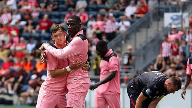 Nordi Mukiele (right) celebrates scoring for Sunderland with team-mate Chris Rigg