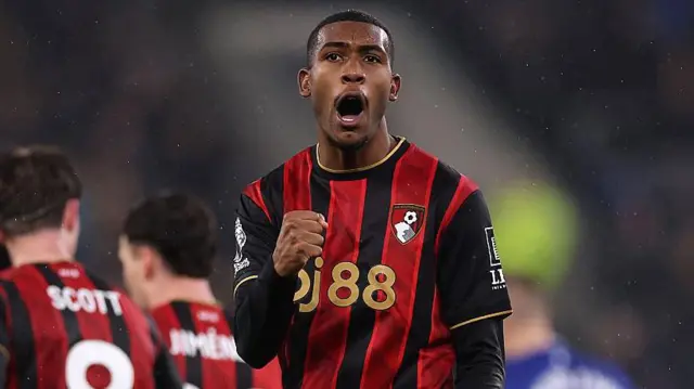 Rayan punches the air while celebrating a goal for Bournemouth