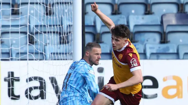 Tom Sparrow celebrates after scoring for Motherwell against Dundee