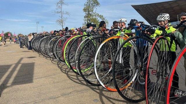 the riders line up at the Queen Elizabeth Olympic Park velodrome