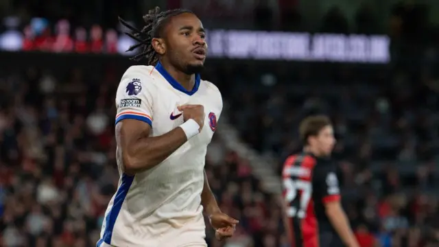 Christopher Nkunku celebrates scoring Chelsea's winning goal during the Premier League match between AFC Bournemouth and Chelsea