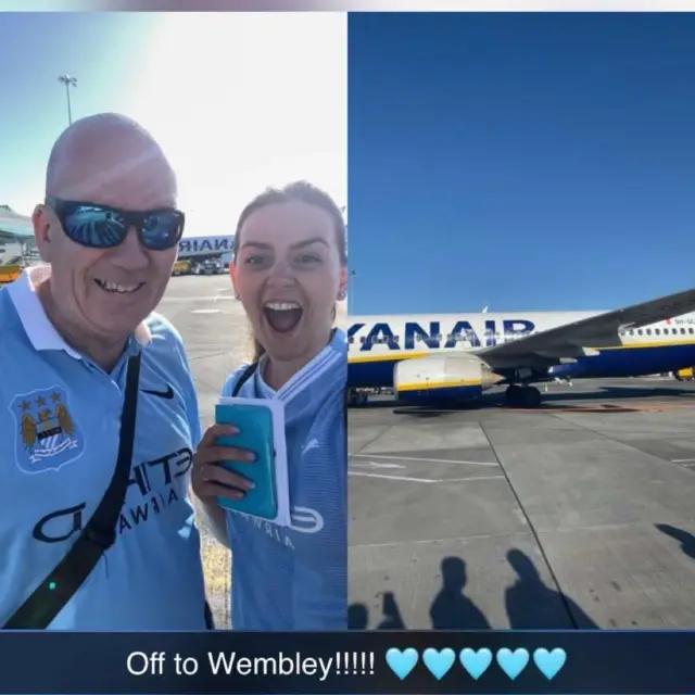 Father and daughter pose for a picture next to a Ryanair aeroplane