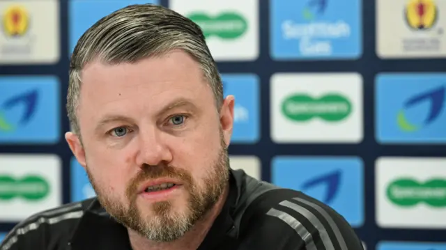 Manager Jimmy Thelin during an Aberdeen press conference at Cormack Park, on March 07, 2025, in Aberdeen, Scotland.