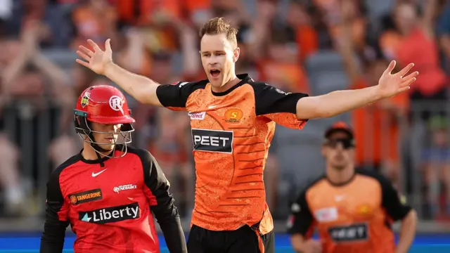 Perth Scorchers' Jason Behrendorff celebrates a wicket