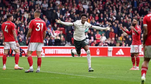 Josh Acheampong of Chelsea celebrates scoring against Nottingham Forest