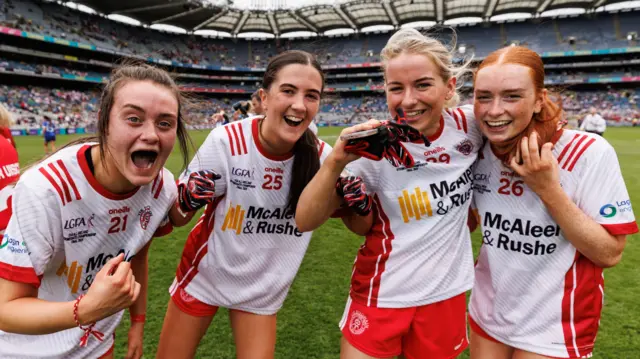 Emer McCanny, Katie Rose Muldoon, Aoife Quinn and Áine Strain celebrate after the final whistle