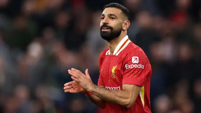 Mohamed Salah of Liverpool reacts during the Premier League match between Liverpool FC and Brighton & Hove Albion FC at Anfield