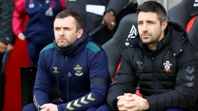 Nathan Jones and Alan Sheehan on the bench at Southampton