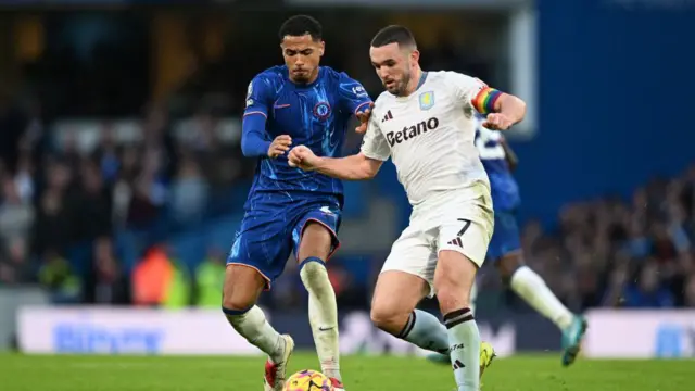 Levi Colwill of Chelsea battles for possession with John McGinn of Aston Villa during the Premier League match between Chelsea FC and Aston Villa FC at Stamford Bridge on December 01, 2024
