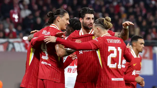 Liverpool players celebrate goal against RB Leipzig