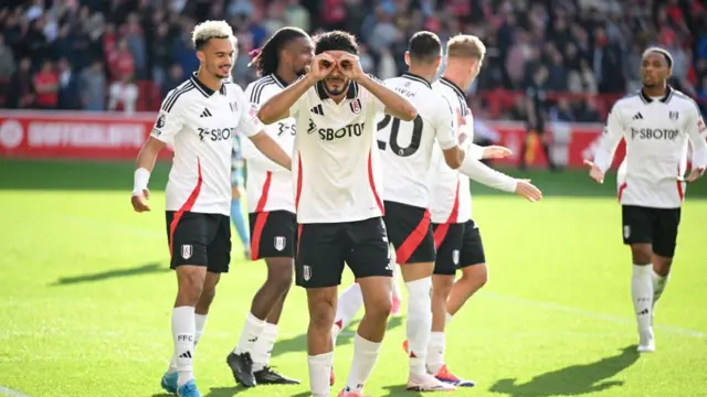 Raul Jimenez celebrates scoring a goal for Fulham versus Nottingham Forest