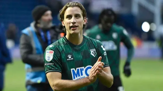 Edoardo Bove applauds the Watford supporters