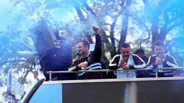 Frank Lampard celebrates on the open top bus parade