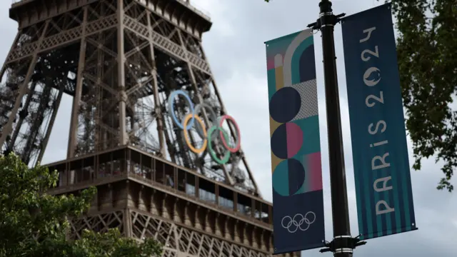 A view of Olympic branding and the Eiffel Tower