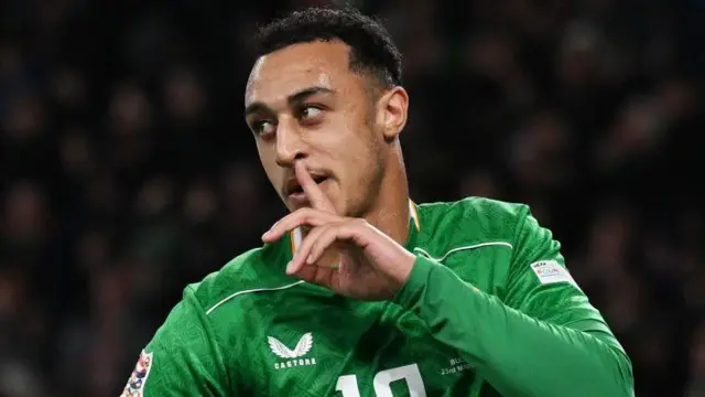 Adam Idah of Republic of Ireland celebrates scoring his team's second goal during the UEFA Nations League 2024/25 League B/C Play-offs Second Leg match between Republic of Ireland and Bulgaria at Aviva Stadium