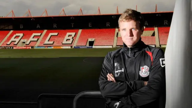 Eddie Howe stands in Bournemouth's stadium in 2003