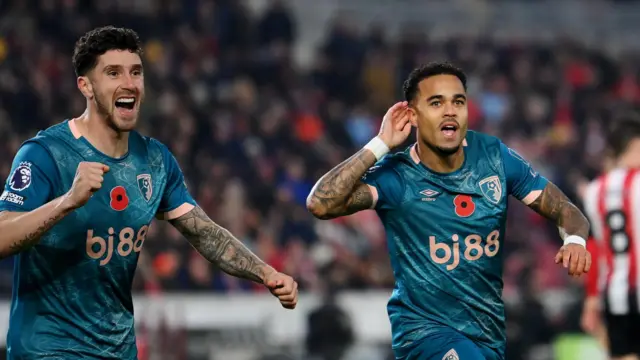 Justin Kluivert celebrates scoring for Bournemouth against Brentford