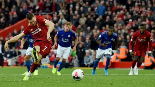 James Milner scoring a penalty for Liverpool against Leicester in October 2019
