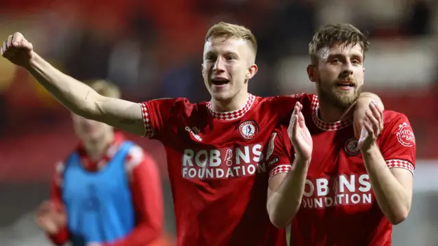 Bristol City's Ross McCrorie and Joe Williams celebrating their win against West Bromwich Albion