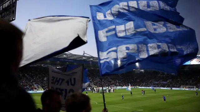 A general view of the King Power stadium as fans of Leicester wave flags