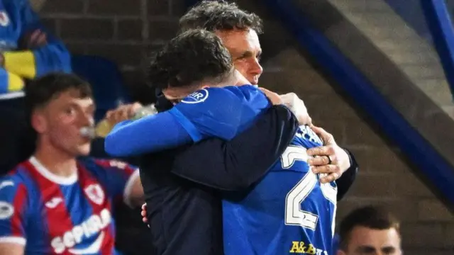 St Johnstone's Simo Valakari and Josh McPake embrace at McDiarmid Park
