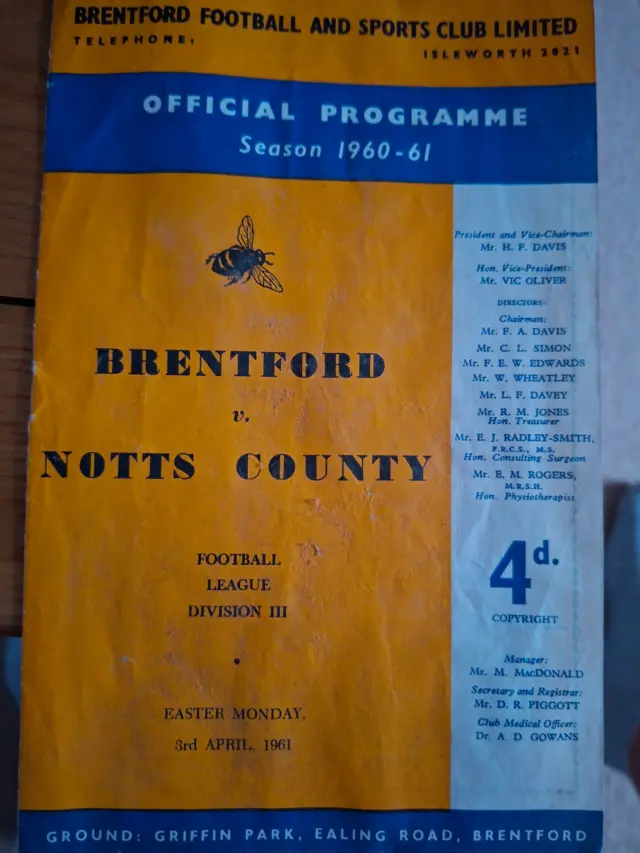 Image of 1960-61 programme from Brentford vs Notts County match