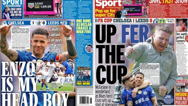 Back page of Daily Express says 'Enzo is my head boy' while Daily Mirror say 'Up fer the cup'