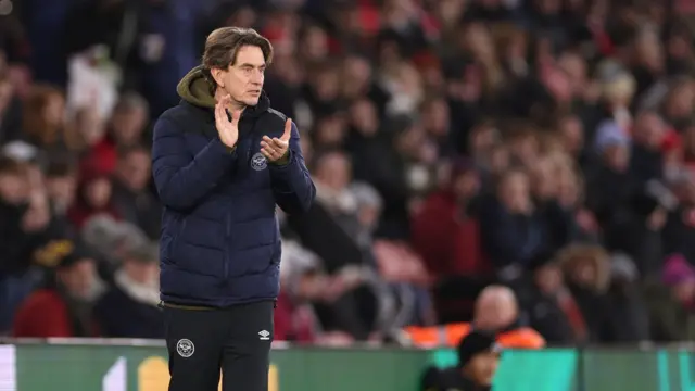 Thomas Frank, Manager of Brentford reacts during the Premier League match between Southampton FC and Brentford FC at St Mary's Stadium on January 04, 2025