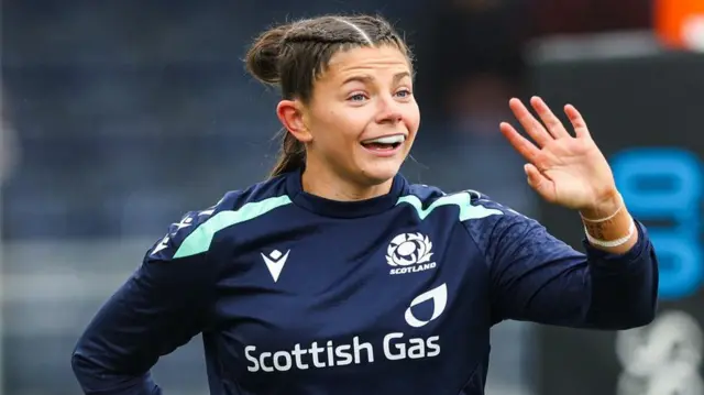 Scotland's Lisa Thomson warms up ahead of a Guinness Women's Six Nations match between Scotland and Ireland at The Hive Stadium, on April 26, 2025, in Edinburgh