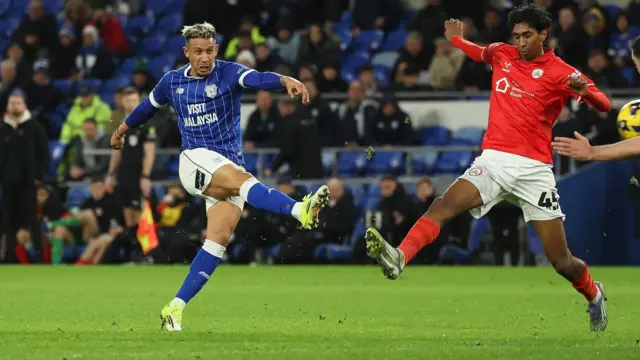 Cardiff City striker Callum Robinson shooting after coming off the bench during the 4-0 win at home to Barnsley