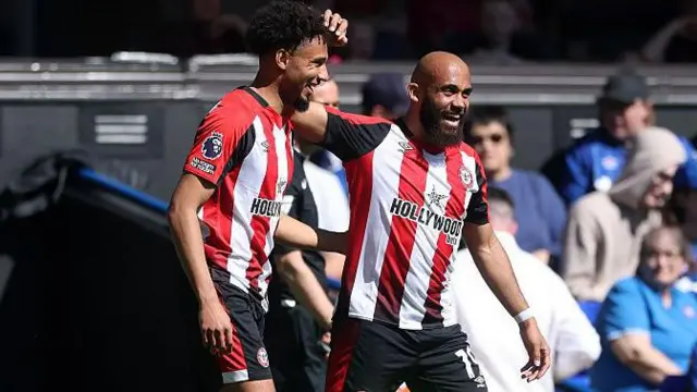 Bryan Mbeumo congratulates Kevin Schade after the German's goal for Brentford against Ipswich Town at Portman Road