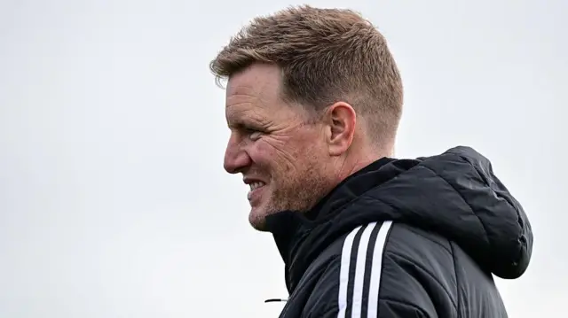 Eddie Howe smiling during the Newcastle United training session