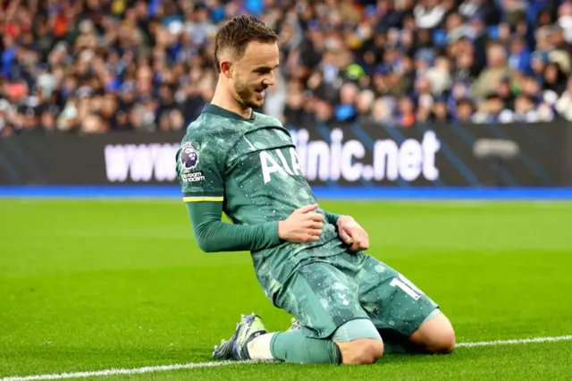 James Maddison celebrates scoring Tottenham's second goal versus Brighton & Hove Albion