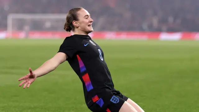Lucia Kendall celebrates scoring her first England goal against Ghana