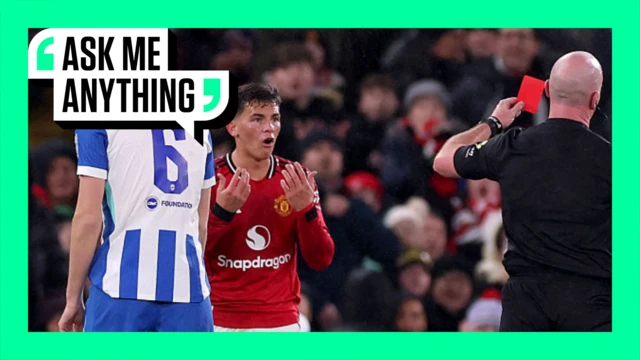 Ask Me Anything branding surrounding image of Shea Lacey receiving red card from referee