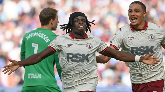 Tyreece Campbell celebrates Charlton's second goal at West Ham
