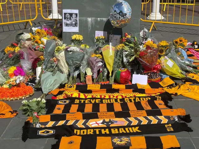 Tributes outside Molineux Stadium, Wolverhampton, in memory of Diogo Jota 