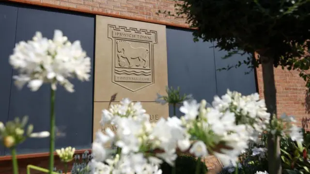 General view of wall containing Ipswich Town badge at Portman Road