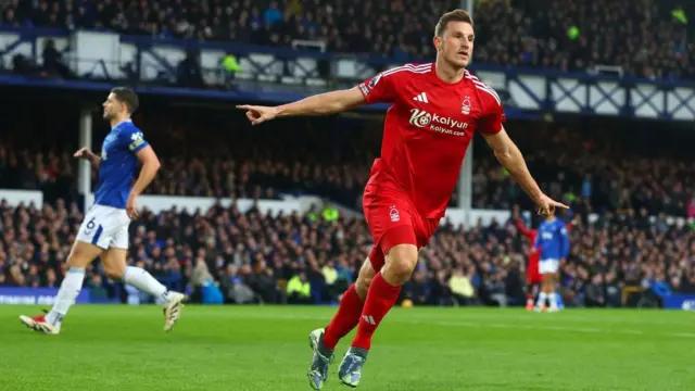 Nottingham Forest striker Chris Wood celebrates scoring versus Everton