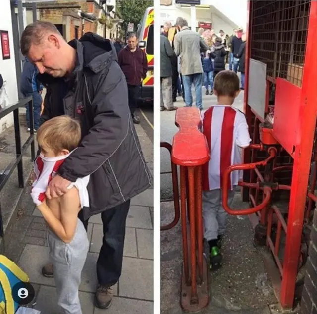 Man putting on a young Brentford fan's first Bees shirt then next to it a photo of him walking through the turnstiles at Griffin Park for the first time. 