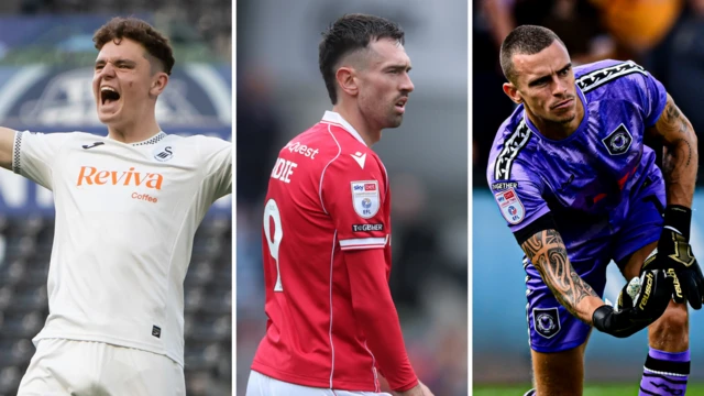 Side-by-side photos of Bobby Wales celebrating in a Swansea shirt, Ryan Hardie looking on and Nik Tzanev delivering a ball from the box wearing black goalkeeping gloves