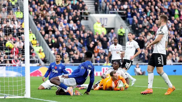 Thierno Barry of Everton scores a goal which was later ruled out for offside