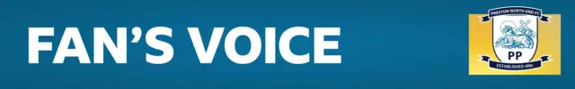 Preston fan's voice banner on a light blue background with the club badge at the end on a yellow background