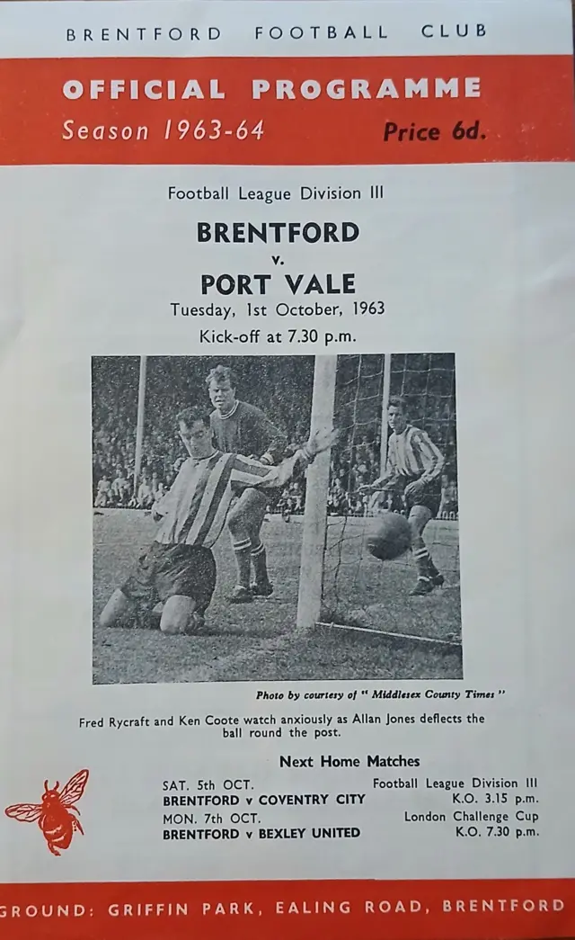 A picture of a ticket for Brentford v Port Vale in 1963