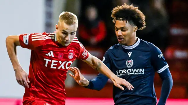 Aberdeen's Topi Keskinen and Dundee's Oluwaseun Adewumi