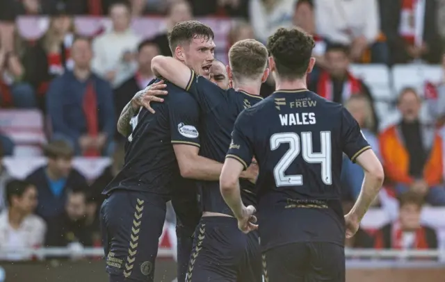 Kilmarnock's Joe Wright celebrates with his team mates as he scores to make it 1-0 during a UEFA Conference League qualifying match between Tromso and Kilmarnock at the Romssa Arena, on August 15, 2024, in Tromso, Norway. (Photo by Craig Foy / SNS Group)