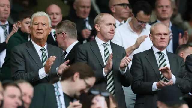Celtic Chairman Peter Lawwell (L), Chief Executive Officer Michael Nicholson (C) and Chief Financial Officer Christophe McKay at Celtic Park