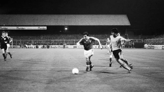 European Cup Second Round Second Leg match at the City Ground. The AEK Athens defender trying to defend John Robertson. 