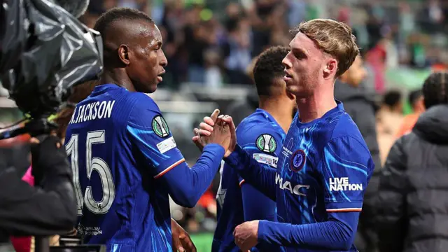 Nicolas Jackson celebrates with Cole Palmer