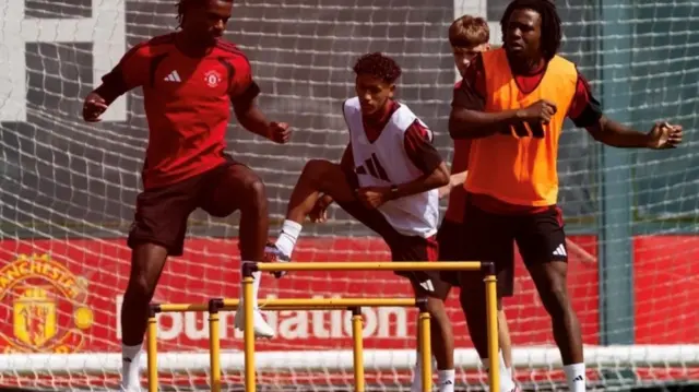 Manchester United forward JJ Gabriel in training alongside Ayden Heaven and Patrick Dorgu